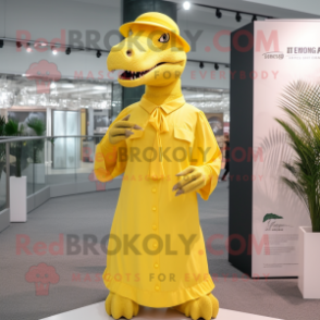 Lemon Yellow Tyrannosaurus mascot costume character dressed with a Maxi Dress and Hat pins