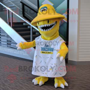 Lemon Yellow Tyrannosaurus mascot costume character dressed with a Maxi Dress and Hat pins