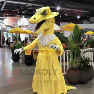 Lemon Yellow Tyrannosaurus mascot costume character dressed with a Maxi Dress and Hat pins