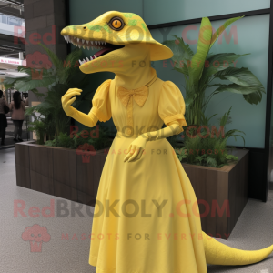 Lemon Yellow Tyrannosaurus mascot costume character dressed with a Maxi Dress and Hat pins