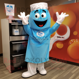 Sky Blue Lasagna mascot costume character dressed with a Dress Shirt and Gloves