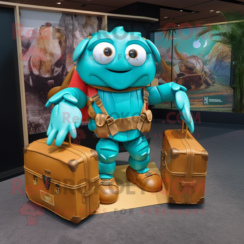 Turquoise Crab Cakes mascot costume character dressed with a Leather Jacket and Briefcases