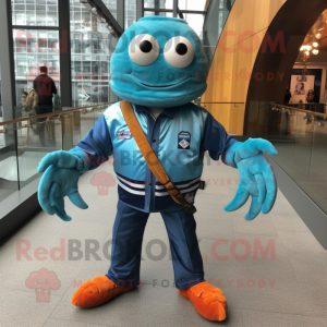 Turquoise Crab Cakes mascot costume character dressed with a Leather Jacket and Briefcases
