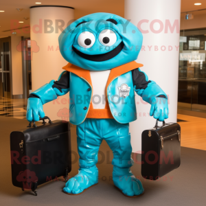 Turquoise Crab Cakes mascot costume character dressed with a Leather Jacket and Briefcases