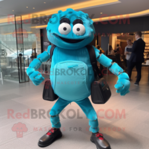 Turquoise Crab Cakes mascot costume character dressed with a Leather Jacket and Briefcases