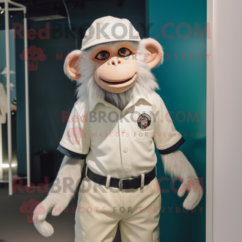 Personaje de traje de mascota de mono blanco vestido con una