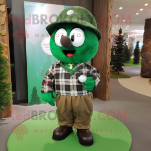 Forest Green Golf Ball mascot costume character dressed with a Flannel Shirt and Cummerbunds