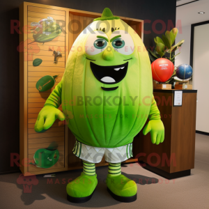 Lime Green Watermelon mascot costume character dressed with a Rugby Shirt and Shawl pins