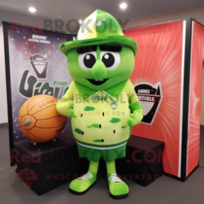 Lime Green Watermelon mascot costume character dressed with a Rugby Shirt and Shawl pins