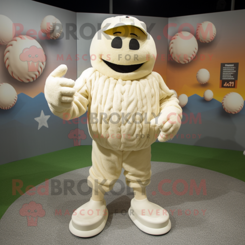 Cream Baseball Ball mascot costume character dressed with a Sweater and Foot pads Cream Baseball Ball mascot costume character dressed with a Sweater and Foot pads