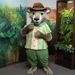 Green Thylacosmilus mascot costume character dressed with a Blouse and Hats
