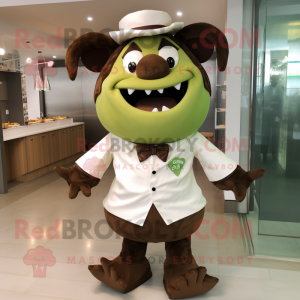Olive Bbq Ribs mascot costume character dressed with a Culottes and Bow ties