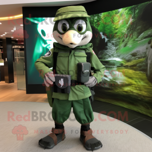 Forest Green Special Air Service mascot costume character dressed with a Bermuda Shorts and Wallets