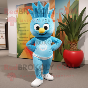 Sky Blue Pineapple mascot costume character dressed with a Yoga Pants and Rings