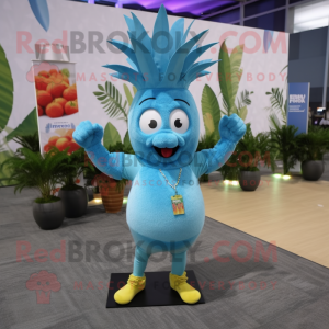 Sky Blue Pineapple mascot costume character dressed with a Yoga Pants and Rings