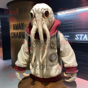 Cream Kraken mascot costume character dressed with a Bomber Jacket and Shawls