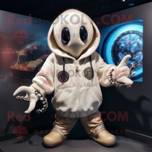 Cream Kraken mascot costume character dressed with a Bomber Jacket and Shawls