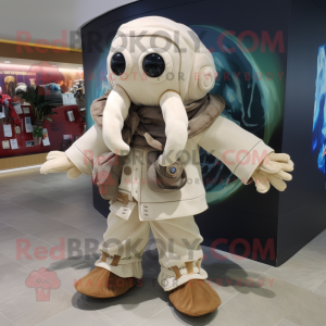 Cream Kraken mascot costume character dressed with a Bomber Jacket and Shawls