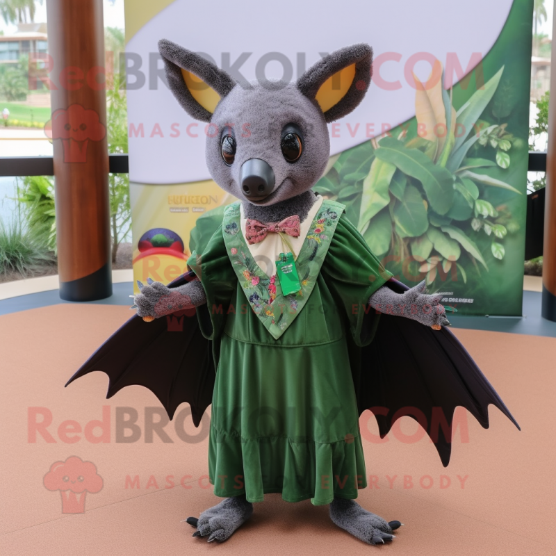 Forest Green Fruit Bat mascot costume character dressed with a Maxi Skirt and Ties