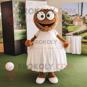 Brown Golf Ball mascot costume character dressed with a Wedding Dress and Reading glasses