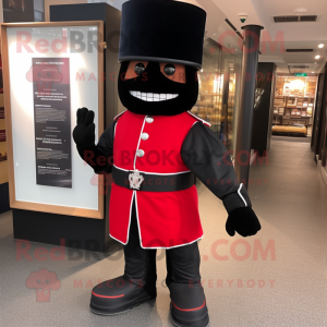 Black British Royal Guard mascot costume character dressed with a Vest and Clutch bags