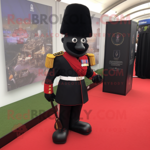 Black British Royal Guard mascot costume character dressed with a Vest and Clutch bags