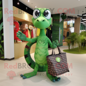 Forest Green Snake mascot costume character dressed with a Shorts and Tote bags