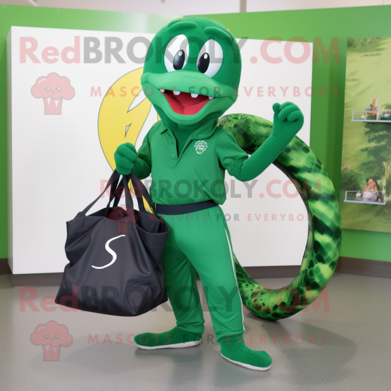 Forest Green Snake mascot costume character dressed with a Shorts and Tote bags Forest Green Snake mascot costume character dressed with a Shorts and Tote bags