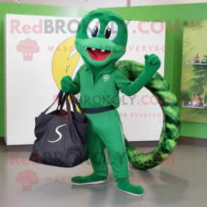 Forest Green Snake mascot costume character dressed with a Shorts and Tote bags