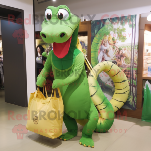 Forest Green Snake mascot costume character dressed with a Shorts and Tote bags