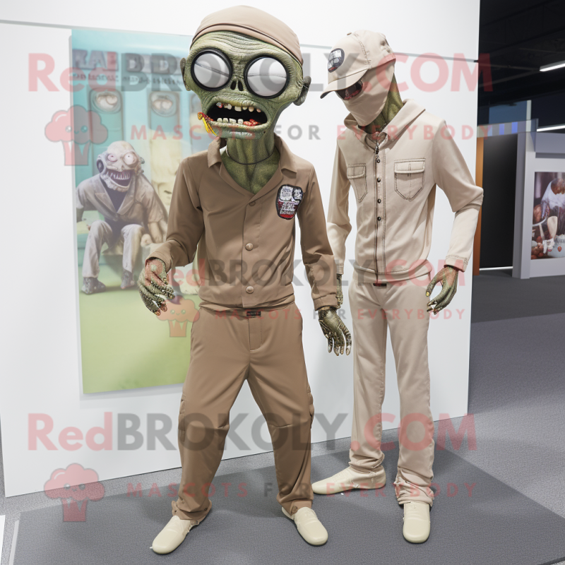 Tan Zombie mascot costume character dressed with a Jumpsuit and Pocket squares