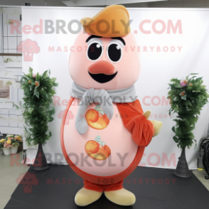 Peach Wedding Cake mascot costume character dressed with a V-Neck Tee and Scarves