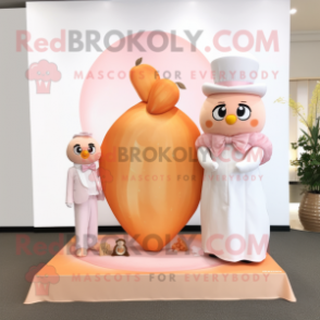 Peach Wedding Cake mascot costume character dressed with a V-Neck Tee and Scarves