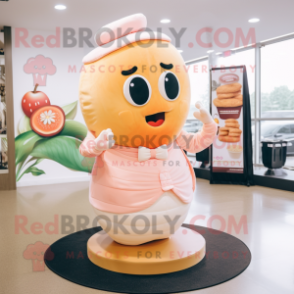 Peach Wedding Cake mascot costume character dressed with a V-Neck Tee and Scarves