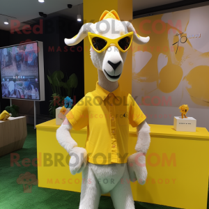Lemon Yellow Goat mascot costume character dressed with a Polo Tee and Ties