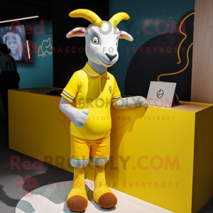 Lemon Yellow Goat mascot costume character dressed with a Polo Tee and Ties