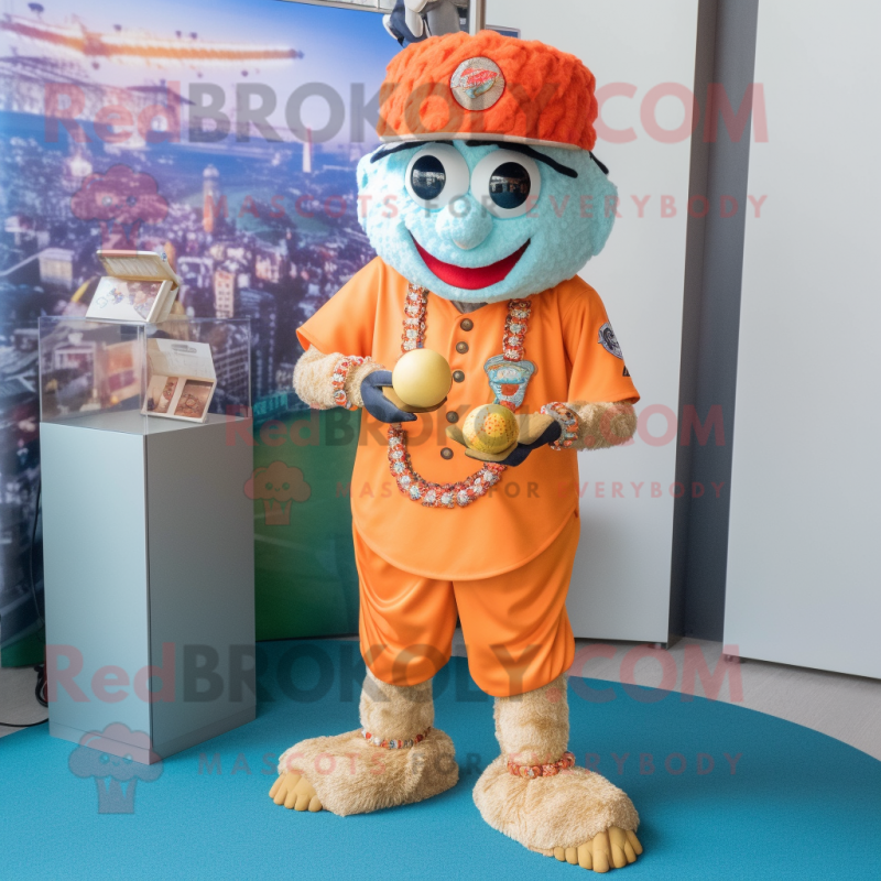 Orange Biryani mascot costume character dressed with a Baseball Tee and Necklaces Orange Biryani mascot costume character dressed with a Baseball Tee and Necklaces