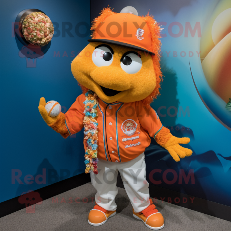 Orange Biryani mascot costume character dressed with a Baseball Tee and Necklaces