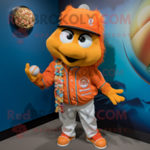 Orange Biryani mascot costume character dressed with a Baseball Tee and Necklaces