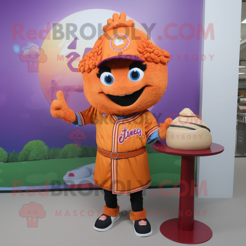 Orange Biryani mascot costume character dressed with a Baseball Tee and Necklaces Orange Biryani mascot costume character dressed with a Baseball Tee and Necklaces