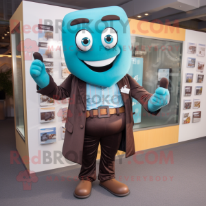 Teal Chocolate Bar mascot costume character dressed with a Suit Pants and Belts