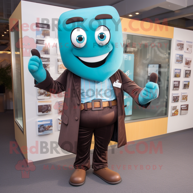 Teal Chocolate Bar mascot costume character dressed with a Suit Pants and Belts Teal Chocolate Bar mascot costume character dressed with a Suit Pants and Belts