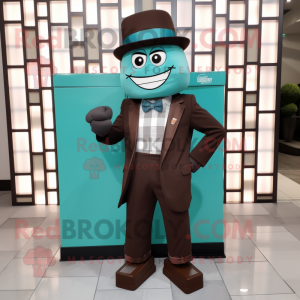 Teal Chocolate Bar mascot costume character dressed with a Suit Pants and Belts