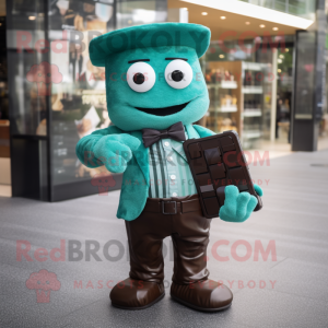 Teal Chocolate Bar mascot costume character dressed with a Suit Pants and Belts