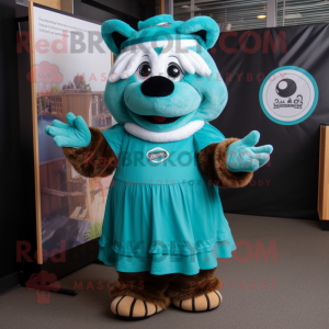 Teal Buffalo mascot costume character dressed with a Circle Skirt and Beanies