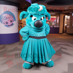 Teal Buffalo mascot costume character dressed with a Circle Skirt and Beanies
