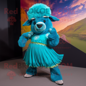 Teal Buffalo mascot costume character dressed with a Circle Skirt and Beanies