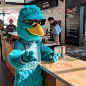 Teal Fried Chicken mascot costume character dressed with a Long Sleeve Tee and Sunglasses