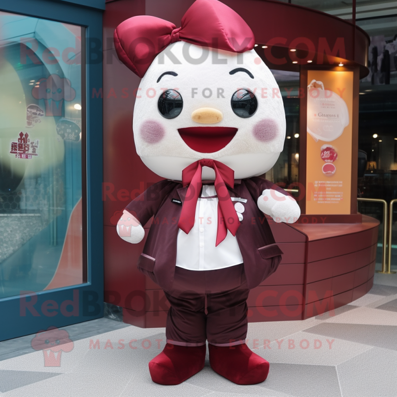 Maroon Dim Sum mascot costume character dressed with a Chinos and Bow ties Maroon Dim Sum mascot costume character dressed with a Chinos and Bow ties