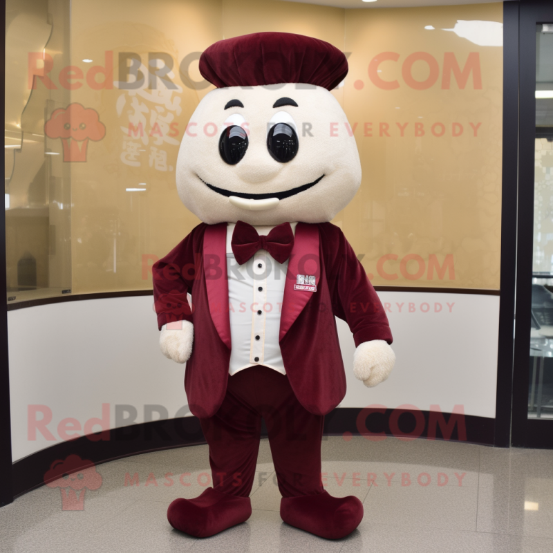 Maroon Dim Sum mascot costume character dressed with a Chinos and Bow ties Maroon Dim Sum mascot costume character dressed with a Chinos and Bow ties